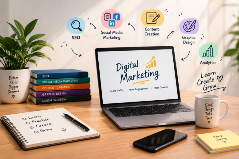 Digital marketing workspace for My Digital Journey featuring SEO, social media, content creation and graphic design